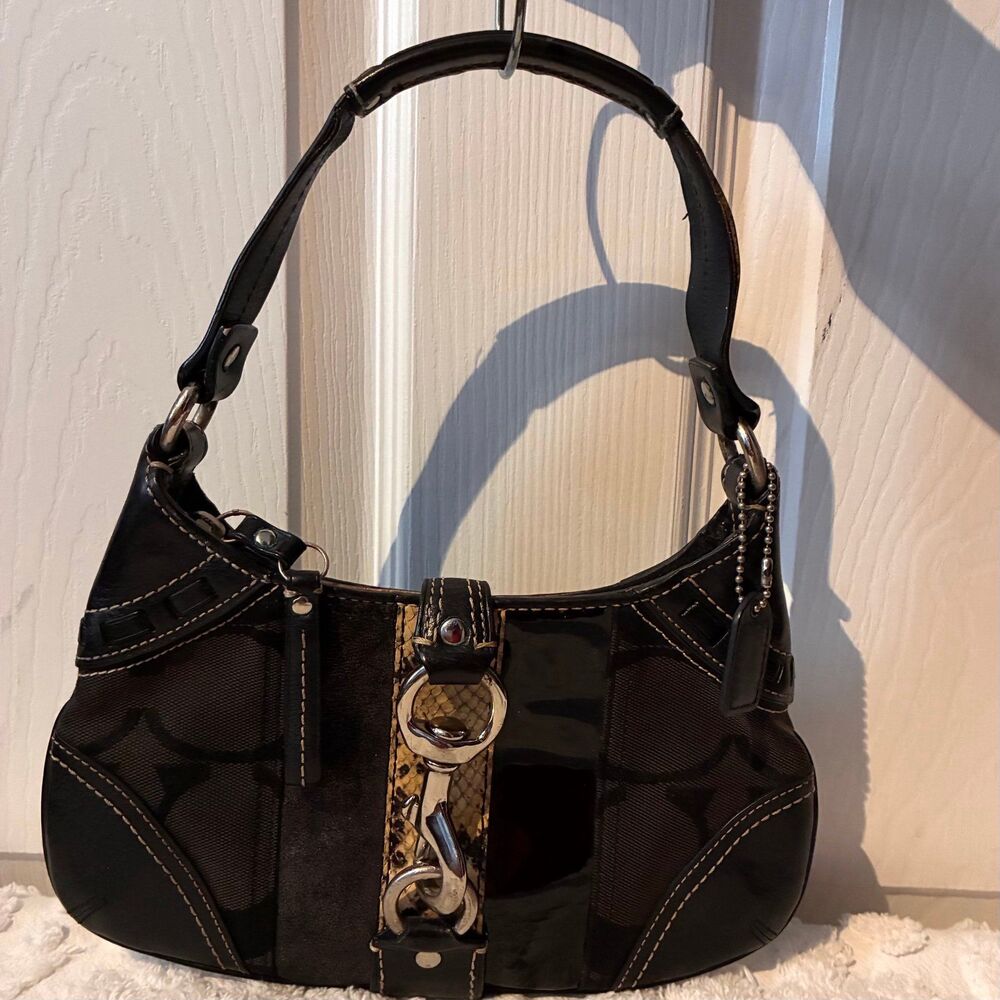 Vintage COACH Hampton Black Signature Python Leather Mini Shoulder Handbag Rare